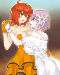 Rule 34 | 2girls, :d, ahoge, alternate costume, back, bare arms, bare back, bare shoulders, blush, breasts, choker, cleavage, collarbone, couple, dancing, dress, eye contact, fate/grand order, fate (series), flower, formal, friends, fujimaru ritsuka (female), fujimaru ritsuka (female) (starlight fest), gloves, hair between eyes, hair flower, hair ornament, hair over one eye, hair scrunchie, hand up, happy, holding hands, interlocked fingers, large breasts, light purple hair, lily (flower), lips, looking at another, mash kyrielight, mash kyrielight (formal dress), mizuumi (bb), multiple girls, neck, off-shoulder dress, off shoulder, official alternate costume, open mouth, orange choker, orange dress, orange gloves, orange hair, purple eyes, scrunchie, short hair, side ponytail, smile, standing, strapless, strapless dress, type-moon, white choker, white dress, white flower, white gloves, yellow eyes, yuri