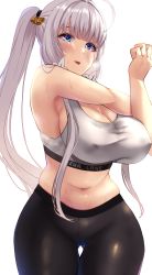 Rule 34 | 1girl, azur lane, bare arms, bare shoulders, black pants, blue eyes, blush, breasts, cleavage, cowboy shot, hair ornament, highres, illustrious (azur lane), large breasts, long hair, midriff, mole, mole under eye, navel, pants, parted lips, silver hair, simple background, smile, solo, sports bra, stretching, thigh gap, wee (weeyy), white background