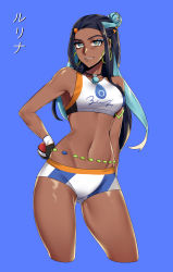 Rule 34 | 1girl, absurdres, bare arms, bare shoulders, black gloves, black hair, blue background, blue eyes, blue hair, breasts, character name, commentary, creatures (company), crop top, cropped legs, dark-skinned female, dark skin, earrings, eyeshadow, forehead, game freak, gloves, grin, hair bun, half auto, hand on own hip, highres, holding, holding poke ball, hoop earrings, jewelry, looking at viewer, makeup, medium breasts, micro shorts, midriff, multicolored hair, navel, nessa (pokemon), nintendo, poke ball, pokemon, pokemon swsh, shorts, simple background, single hair bun, sleeveless, smile, solo, standing, stomach, thighs, translated, white shorts