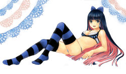 Rule 34 | 10s, 1girl, blue eyes, blue nails, bra, breasts, cleavage, colored inner hair, doily, hair ribbon, legs, lingerie, long hair, lying, multicolored hair, nail polish, panties, panty &amp; stocking with garterbelt, ribbon, ribonchan, smile, solo, stocking (psg), striped clothes, striped thighhighs, thighhighs, two-tone hair, underwear, underwear only