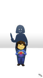 Rule 34 | androgynous, brown hair, chara (undertale), denim, different shadow, dual persona, evil grin, evil smile, frisk (undertale), gender request, grin, heart, heart hands, holding, holding knife, jeans, knife, loafers, lynxgriffin, pants, shirt, shoes, signature, smile, smiley face, spoilers, striped clothes, striped shirt, undertale