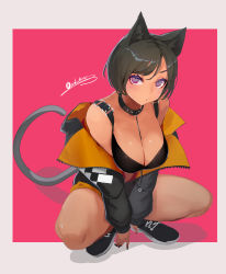 Rule 34 | 1girl, absurdres, animal ears, artist name, black footwear, black hair, black nails, blush, breasts, cat ears, cat tail, choker, cleavage, dark-skinned female, dark skin, expressionless, closed eyes, highres, large breasts, looking at viewer, nail polish, original, purple eyes, sakuhiko, shoes, short hair, signature, sneakers, solo, squatting, tail, thick thighs, thighs, twintails