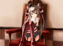 Rule 34 | 10s, 1girl, amatsukaze (kancolle), brown dress, chair, cup, dress, feet on chair, garter straps, hair tubes, hairband, holding, holding cup, kantai collection, long hair, long sleeves, mug, red thighhighs, sailor dress, shirubaburu, silver hair, sitting, solo, thighhighs, twintails, two side up
