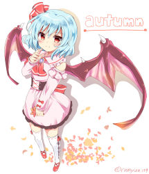 Rule 34 | adapted costume, ascot, autumn leaves, bare shoulders, blue hair, blush, closed mouth, detached sleeves, dress, frilled dress, frills, hair ribbon, holding, holding leaf, leaf, pink dress, pink sleeves, ramudia (lamyun), red ascot, red eyes, red footwear, red ribbon, remilia scarlet, ribbon, ribbon-trimmed legwear, ribbon trim, short hair, simple background, smile, thighhighs, touhou, white background, white thighhighs