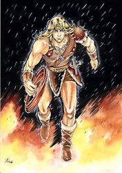 Rule 34 | 1boy, armor, bad id, bad pixiv id, belt, blonde hair, boots, castlevania (1986), castlevania (series), circlet, fire, full body, konami, male focus, muscular, pteruges, rain, signature, simon belmont, solo, sword, weapon, whip
