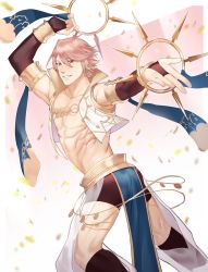Rule 34 | 1boy, abs, areola slip, dancing, elbow gloves, fire emblem, fire emblem awakening, fire emblem fates, fire emblem heroes, gloves, highres, inigo (fire emblem), kneehighs, looking at viewer, male focus, nintendo, pelvic curtain, pink hair, red eyes, shorts, simple background, smile, socks, solo, topless male, white background, zhineart