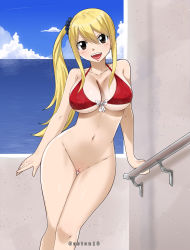 Rule 34 | 1girl, absurdres, artist name, bikini, blonde hair, bottomless, breasts, brown eyes, cleavage, collarbone, fairy tail, gaston18, highres, long hair, looking at viewer, lucy heartfilia, navel, open mouth, pussy, red bikini, side ponytail, sky, smile, solo, stomach, swimsuit, thick thighs, thigh gap, thighs, uncensored, water, wide hips