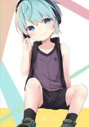 Rule 34 | 1boy, blue eyes, blue hair, blush, child, headphones, looking at viewer, male focus, nei (os), original, os (os fresa), shorts, sitting, smile, solo, twitter username, vest