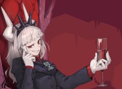 Rule 34 | 1girl, alcohol, blunt bangs, cup, drinking glass, f.k (hs225kr), gloves, hairband, helltaker, highres, holding, holding cup, horns, long hair, looking at viewer, lucifer (helltaker), mole, mole under eye, parted lips, red eyes, red neckwear, sharp teeth, sitting, smile, solo, spikes, teeth, throne, white gloves, white hair, wine, wine glass