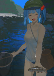 Rule 34 | 1girl, 38 (sanjuuhachi), absurdres, alternate costume, arm up, bare shoulders, basket, blue hair, blue panties, blue sky, breasts, closed eyes, collarbone, commentary request, fish, green hat, grey shirt, hair bobbles, hair ornament, hands up, hat, highres, holding, kawashiro nitori, medium breasts, net, open mouth, panties, river, rock, shirt, short hair, short twintails, sky, sleeveless, sleeveless shirt, smile, solo, standing, t-shirt, tongue, touhou, tree, twintails, underwear, water, wet, wet clothes, wet hair, wet shirt