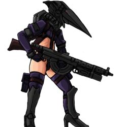 armor boots crop_top crotch_strap doekuramori full_body gloves greaves gun helmet high_heel_boots high_heels holding holding_fireworks holding_gun holding_weapon martyr_(the_citadel) pouch purple_gloves purple_skirt purple_thighhighs simple_background skirt standing the_citadel thigh_pouch thigh_strap thighhighs transparent_background weapon