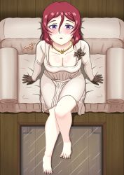 Rule 34 | 1girl, artist name, artist request, barefoot, blush, female focus, full body, hair between eyes, highres, indoors, looking at viewer, love live!, love live! school idol project, nishikino maki, red hair, short hair, solo, toenails, toes