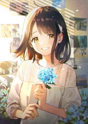 Rule 34 | 1boy, 1girl, absurdres, ahoge, blouse, blue flower, blurry, blurry foreground, brown eyes, brown hair, flower, hands up, highres, holding, holding flower, indoors, light particles, looking at viewer, medium hair, open mouth, original, photo (object), shirt, smile, solo focus, sunlight, tadano natsu, triangle, upper body, white shirt