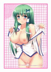 Rule 34 | 1girl, bad id, bad pixiv id, blue eyes, bottomless, breasts, cum, cumdrip, detached sleeves, frog, green hair, hair ornament, kochiya sanae, large breasts, long hair, nipples, pussy, second heaven, snake, solo, touhou, uncensored, undressing