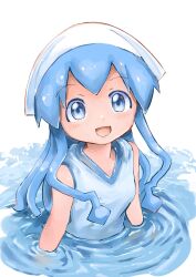 Rule 34 | 1girl, absurdres, blue eyes, blue hair, breasts, commentary, head scarf, highres, ikamusume, open mouth, partially submerged, reo (salmomomon), shinryaku! ikamusume, small breasts, smile, solo, upper body, water