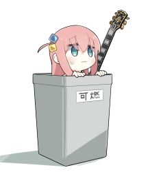 Rule 34 | 1girl, @ @, blue eyes, blush, bocchi the rock!, commentary request, cube hair ornament, gotoh hitori, grey background, guitar, hair ornament, highres, instrument, jacket, konori (ahurerukuiizi), long hair, one side up, pink hair, simple background, solo, sweatdrop, translated, wavy mouth