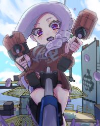 1girl aiming aiming_at_viewer blue_sky breasts cloud commentary_request drill_hair dualie_squelchers_(splatoon) e-liter_4k_(splatoon) grate highres in-universe_location large_breasts medium_hair nintendo octoling octoling_girl octoling_player_character open_mouth pov print_shirt purple_hair rabimero8 red_eyes red_shirt shirt sky splatoon_(series) splatoon_3 tentacle_hair twin_drills