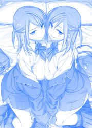 Rule 34 | 2girls, bag, bed, blazer, blue theme, bow, bowtie, breast press, breasts, clothes pull, collared shirt, frown, grin, himura kiseki, jacket, kneeling, large breasts, long hair, monochrome, multiple girls, off shoulder, on bed, open clothes, open jacket, original, pillow, plaid, plaid bow, plaid bowtie, plaid neckwear, school bag, school uniform, shirt, siblings, side ponytail, sisters, skirt, skirt pull, smile, swept bangs, symmetrical docking, tsurime, twins, two side up, unmoving pattern