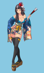 Rule 34 | 1girl, absurdres, armpit crease, bare shoulders, black hair, black thighhighs, blue background, blue kimono, blunt bangs, bow, bow legwear, breasts, cleavage, closed mouth, collarbone, commentary, crossed legs, english commentary, eq (massar9103), eyelashes, fingernails, floral print, flower, flower request, folded fan, folding fan, full body, hair flower, hair ornament, hair over shoulder, hand fan, hand on own hip, hand up, highres, hime cut, holding, holding fan, japanese clothes, kanzashi, kimono, large breasts, long fingernails, long hair, looking to the side, multicolored hair, obi, obidome, obijime, off shoulder, okobo, original, pelvic curtain, platform clogs, print kimono, purple eyes, purple flower, red flower, sandals, sash, short kimono, simple background, skindentation, smile, solo, standing, streaked hair, tabi, thighhighs, two-tone hair, watson cross, white flower, white hair, wide sleeves, yellow bow