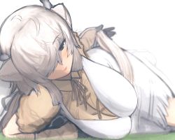Rule 34 | 1girl, :p, ahoge, animal ears, arm support, boots, breasts, brown eyes, brown neckwear, collared shirt, dress, gloves, grey hair, grey horns, hair over one eye, half-closed eye, highres, horns, kemono friends, kemono friends 3, large breasts, light smile, long hair, looking at viewer, lying, on side, ox ears, ox horns, shibori kasu, shirt, short sleeves, sketch, solo, tongue, tongue out, very long hair, yak (kemono friends), yellow shirt