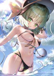Rule 34 | 1girl, absurdres, bikini, black bikini, black hat, blue sky, breasts, cloud, commentary, cowboy shot, dfra, green eyes, green hair, hat, hat ribbon, heart, heart-shaped pupils, heart of string, highres, komeiji koishi, large breasts, looking at viewer, navel, open mouth, outdoors, ribbon, short hair, sky, solo, swimsuit, symbol-shaped pupils, third eye, touhou, wading, yellow ribbon