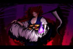 Rule 34 | 1girl, aoi mitsuru, bad id, bad pixiv id, breasts, cleavage, dress, female focus, gradient background, hair bobbles, hair ornament, large breasts, onozuka komachi, red eyes, red hair, scythe, short hair, solo, touhou, twintails, two side up