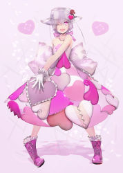 Rule 34 | 1girl, bad id, bad pixiv id, bare shoulders, boots, dress, fashion, gloves, hat, heart, heart-shaped pupils, one eye closed, original, outstretched hand, pink eyes, pink footwear, shadow, short hair, silver hair, smile, solo, standing, symbol-shaped pupils, transparent, tsujisaki (coa3), tujisaki, white gloves, wink