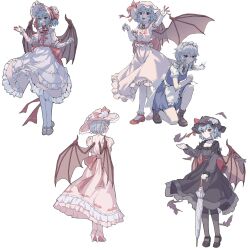 Rule 34 | 2girls, alternate costume, apron, bat (animal), bat wings, black dress, blood, blood on face, breasts, closed mouth, dress, hair between eyes, hat, highres, holding, holding knife, izayoi sakuya, knife, lolita fashion, maid, maid apron, multiple girls, open mouth, red eyes, remilia scarlet, small breasts, source request, touhou, umbrella, wings, youpofen