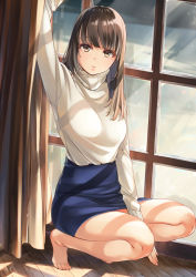 Rule 34 | 1girl, arm up, bad id, bad pixiv id, barefoot, between legs, blue skirt, breasts, brown eyes, brown hair, curtains, day, expressionless, feet, hand between legs, head tilt, high-waist skirt, highres, indoors, light particles, looking at viewer, megumoke, original, pencil skirt, revision, skirt, solo, squatting, sunlight, sweater, swept bangs, tiptoes, turtleneck, turtleneck sweater, white sweater, window, window shadow, wooden floor