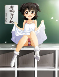 Rule 34 | 10s, 1girl, abe kanari, akagi miria, black hair, blush, bobby socks, brown eyes, clothes lift, dress, dress lift, idolmaster, idolmaster cinderella girls, looking at viewer, open mouth, panties, short hair, sitting, smile, socks, solo, striped clothes, striped panties, twintails, two side up, underwear