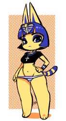 Rule 34 | 1girl, animal crossing, ankh, ankha (animal crossing), awd!, barefoot, blue eyes, blue hair, bob cut, cat, crop top, eyeshadow, frown, full body, furry, hand on own hip, looking at viewer, makeup, navel, nintendo, panties, polka dot, polka dot background, shirt, short hair, solo, striped clothes, striped panties, striped tail, t-shirt, tail, thick thighs, thighs, underwear, wide hips, yellow fur