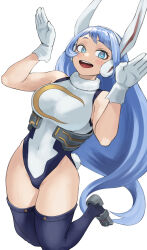 Rule 34 | 1girl, absurdres, alternate costume, animal ears, blue eyes, blue hair, boku no hero academia, breasts, commentary request, cosplay, fake animal ears, fake tail, fengling (furin-jp), gloves, hadou nejire, heattech leotard, highres, large breasts, leotard, long hair, looking at viewer, mirko, mirko (cosplay), open mouth, rabbit ears, rabbit pose, simple background, smile, solo, tail, thighhighs, thighs, turtleneck, very long hair, white background, white gloves, white leotard