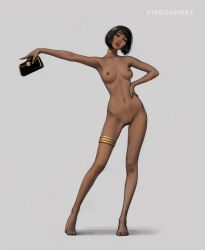 Rule 34 | 1girl, absurdres, arm up, artist name, bag, black bag, black hair, blue eyes, blunt bangs, bob cut, breasts, completely nude, dark-skinned female, dark skin, fivegarret, full body, gold collar, hair ornament, hand on own hip, handbag, head tilt, highres, holding, holding bag, medium breasts, nipples, nose piercing, nose ring, nude, nyia (ashiyavain), original, outstretched arm, piercing, pussy, red lips, short hair, simple background, solo, standing, thick lips, toes, white background