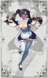 Rule 34 | 1girl, absurdres, alcohol, alternate costume, apron, black dress, black footwear, blue eyes, blush, bottle, breasts, breasts out, brown hair, character name, collarbone, cup, dress, drinking glass, embarrassed, enmaided, frilled apron, frilled dress, frills, full body, genshin impact, gloves, hair between eyes, highres, holding, holding tray, long hair, looking at viewer, maid, maid apron, maid headdress, mary janes, medium breasts, mona (genshin impact), nipples, nithros, no bra, open mouth, puffy short sleeves, puffy sleeves, shoes, short sleeves, shot glass, solo, standing, standing on one leg, thighhighs, thighs, tray, twintails, waist apron, white apron, white background, white gloves, white thighhighs, wine bottle, wine glass, zettai ryouiki, zoom layer