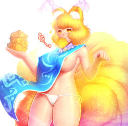 Rule 34 | 1girl, aburaage, animal ear fluff, animal ears, areola slip, bare arms, bare shoulders, bikini, bikini bottom only, blonde hair, breasts, cameltoe, commentary request, covered erect nipples, cowboy shot, dutch angle, fingernails, food, fox ears, fox girl, fox tail, groin, hands up, highres, holding, holding food, large breasts, looking at viewer, medium hair, mouth hold, multiple tails, naked tabard, no bra, paw pose, side-tie bikini bottom, side-tie bottom, sideboob, smile, solo, stomach, swimsuit, tabard, tail, touhou, watermark, yakumo ran, yellow eyes, yonaki