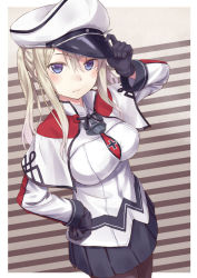 Rule 34 | 10s, 1girl, adjusting clothes, adjusting headwear, anchor choker, black gloves, black pantyhose, black ribbon, black skirt, blonde hair, blue eyes, blush, border, breasts, brown background, cross, doonatsu., dutch angle, female focus, gloves, graf zeppelin (kancolle), hair between eyes, hand on own hip, hat, iron cross, kantai collection, large breasts, long sleeves, looking at viewer, military, military uniform, miniskirt, necktie, pantyhose, peaked cap, pleated skirt, ribbon, sidelocks, simple background, skirt, solo, standing, striped, striped background, two side up, uniform, white border