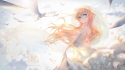 Rule 34 | 10s, 1girl, animal, back, bare shoulders, bird, blonde hair, blue eyes, blurry, blush, bokeh, breasts, character name, chinese text, closed mouth, depth of field, dove, dress, floating hair, frills, gloves, halterneck, highres, long hair, looking back, looking to the side, medium breasts, miyazono kawori, petals, see-through, shigatsu wa kimi no uso, skirt hold, veil, white dress, white gloves, wind, xing