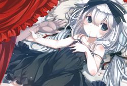 Rule 34 | 1boy, 1girl, arm grab, bad id, bad pixiv id, bed, bite mark, black dress, blood, blood drip, blood in mouth, blue eyes, bow, child, dress, highres, long hair, looking at viewer, lying, on back, original, pillow, ribbon, shiro yurine, silver hair, strap slip, twintails, vampire, very long hair