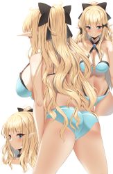 Rule 34 | 1girl, ass, bare arms, bare shoulders, bikini, black bow, blonde hair, blue bikini, blue eyes, blunt bangs, bow, breasts, cleavage, collarbone, elf, from behind, hair bow, highres, large breasts, layered bikini, leaning forward, long hair, miamuly, multiple views, navel, pointy ears, ponytail, princess connect!, saren (princess connect!), saren (summer) (princess connect!), sideboob, sidelocks, simple background, swimsuit, thigh gap, thighs, trefoil, very long hair, white background