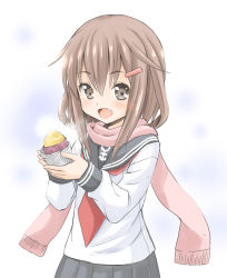 Rule 34 | 10s, 1girl, :d, anchor symbol, black skirt, blouse, brown hair, fang, food, fujishima shinnosuke, ikazuchi (kancolle), kantai collection, long sleeves, looking at viewer, neckerchief, open mouth, pleated skirt, red neckerchief, sailor collar, school uniform, serafuku, shirt, simple background, skirt, smile, solo, sweet potato, upper body, white background