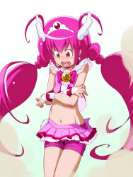 Rule 34 | 10s, 1girl, adapted costume, bad id, bad pixiv id, bike shorts, blush, bow, cure happy, groin, hair ornament, highres, hoshizora miyuki, magical girl, navel, open mouth, pink bow, pink eyes, pink hair, pink shorts, pink skirt, pink theme, precure, shorts, skirt, smile precure!, solo, takeda yukimura, tiara, twintails, white background
