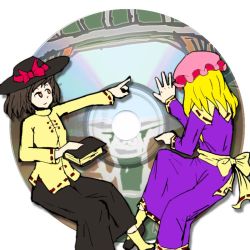 Rule 34 | 2girls, blonde hair, book, bow, brown eyes, brown hair, cd, chair, dress, facing away, frilled bow, frills, from side, hand on glass, hat, hat bow, holding, holding book, justin hsu, long hair, long skirt, maribel hearn, mob cap, multiple girls, parody, pointing, red bow, retrospective 53 minutes, ribbon-trimmed bow, ribbon-trimmed sleeves, ribbon trim, round image, shoes, simple background, sitting, skirt, socks, touhou, train, train interior, usami renko, white background, window