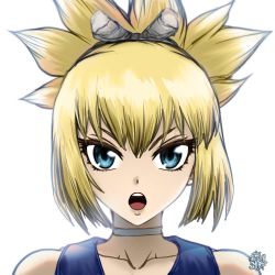 Rule 34 | 1girl, bare arms, blonde hair, blue dress, blue eyes, choker, close-up, collarbone, dr. stone, dress, eyebrows hidden by hair, hair between eyes, highres, kohaku (dr. stone), looking at viewer, open mouth, ponytail, rope, short hair, signature, simple background, solo, straight-on, teeth, the golden smurf, upper body, upper teeth only, white background, white choker