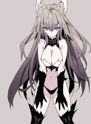 Rule 34 | 1girl, :o, agrius metamorphosis, ahoge, animal ears, atalanta (fate), atalanta alter (fate), bare shoulders, black gloves, black thighhighs, blade (galaxist), breasts, brown background, brown eyes, brown hair, cleavage, elbow gloves, fate/grand order, fate (series), fingernails, gloves, gradient background, hair between eyes, large breasts, long fingernails, long hair, looking at viewer, navel, parted lips, revealing clothes, solo, thighhighs, very long hair