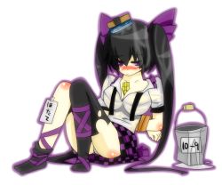 Rule 34 | 1girl, bad id, bad pixiv id, black hair, black thighhighs, blush, bound, breasts, bucket, cellphone, cleavage, collarbone, female focus, hata-tan (rui (hershe)), himekaidou hatate, large breasts, long hair, phone, puffy sleeves, purple eyes, reio, short sleeves, solo, thighhighs, tied up (nonsexual), touhou, translation request, twintails, very long hair, water, white background