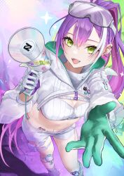 Rule 34 | 1girl, absurdres, breasts, demon tail, demon wings, ear piercing, eyewear on head, fang, gloves, green eyes, green gloves, heart, heart tattoo, highres, holding, holding megaphone, hololive, looking at viewer, medium breasts, megaphone, megu (pixiv9460065), multicolored hair, official alternate costume, open mouth, piercing, ponytail, purple hair, short shorts, shorts, shrug (clothing), strapless, streaked hair, tail, tattoo, tokoyami towa, tokoyami towa (5th costume), tube top, two-sided gloves, virtual youtuber, white gloves, white hair, white shorts, white tube top, winged heart tattoo, wings
