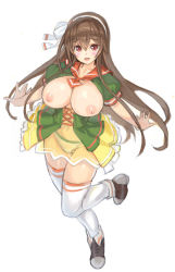 Rule 34 | .live, 1girl, :d, blush, breasts, breasts out, brown hair, cleavage, dress, hairband, kiyama satoshi, large breasts, leg up, long hair, looking at viewer, navel, nipples, open mouth, see-through, simple background, smile, solo, thighhighs, virtual youtuber, white background, white thighhighs, yaezawa natori