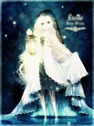 Rule 34 | dress, green eyes, lantern, night, night sky, original, partially submerged, pixiv witch, reflection, sky, solo, standing, star (sky), veil, wading, water, wavy hair, white hair, yuukichi