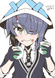 Rule 34 | 1girl, aged down, artist name, black gloves, black jacket, checkered necktie, collared shirt, dated, dress shirt, eyepatch, fingerless gloves, gloves, highres, jacket, kantai collection, looking at viewer, necktie, paper hat, paper kabuto, partially fingerless gloves, purple hair, shirt, simple background, solo, taira yuuki, tenryuu (kancolle), upper body, white background, white shirt, yellow eyes