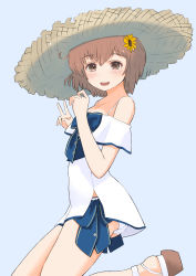 Rule 34 | 1girl, absurdres, alternate hairstyle, anchor symbol, bare shoulders, bikini, blue ribbon, breasts, brown eyes, brown hair, clothes pull, collarbone, cowboy shot, dress, flower, gradient background, grey hair, hair between eyes, hair flower, hair ornament, headgear, highres, kantai collection, kneeling, looking back, one-piece swimsuit pull, open mouth, ribbon, short hair, small breasts, smile, solo, sundress, sunflower, sunset, swimsuit, toplow, v, white bikini, white footwear, yukikaze (kancolle)